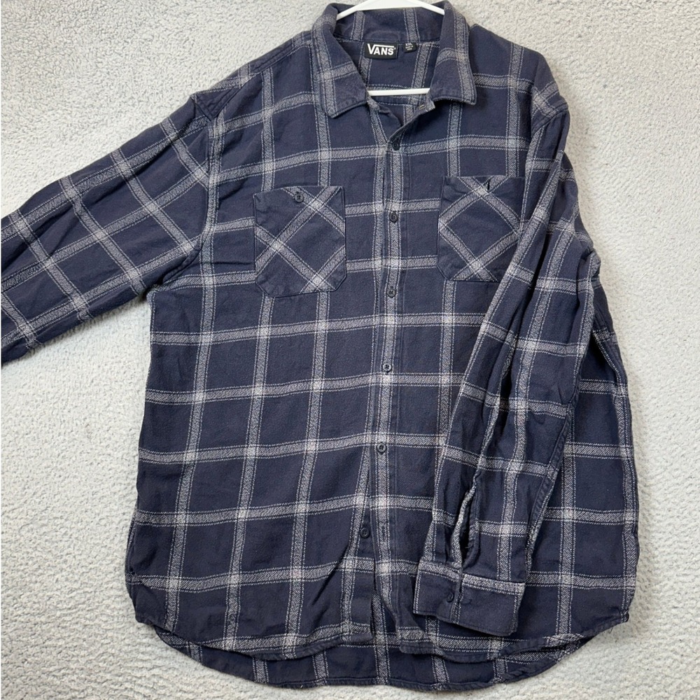 Vans Shirt Mens 2XL Plaid Navy Blue Button-Up Long Sleeve Front Pockets Casual